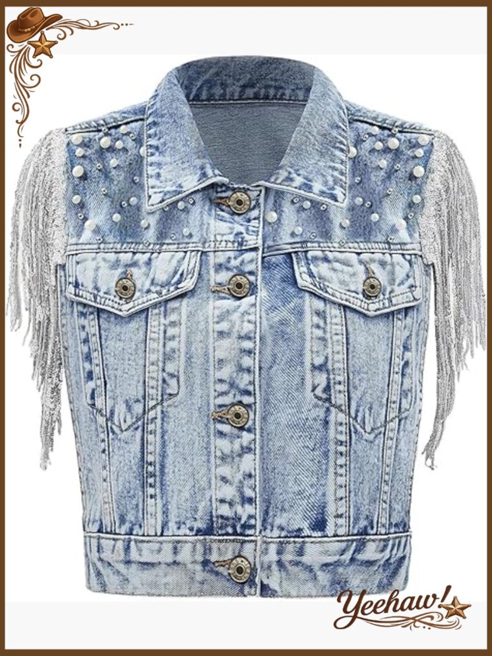 Pearls Beading Denim Vest Sleeveless Sequin Fringe Tassel Cowgirl Jean Vest - Picture 1 of 7